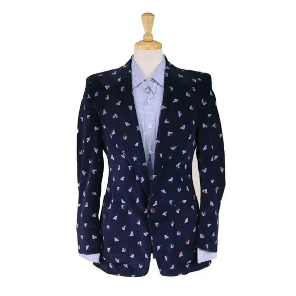 Vintage 1970's Navy Velvet Mushroom Psychedelic Hippie Print Pattern Blazer 38R - Picture 1 of 6
